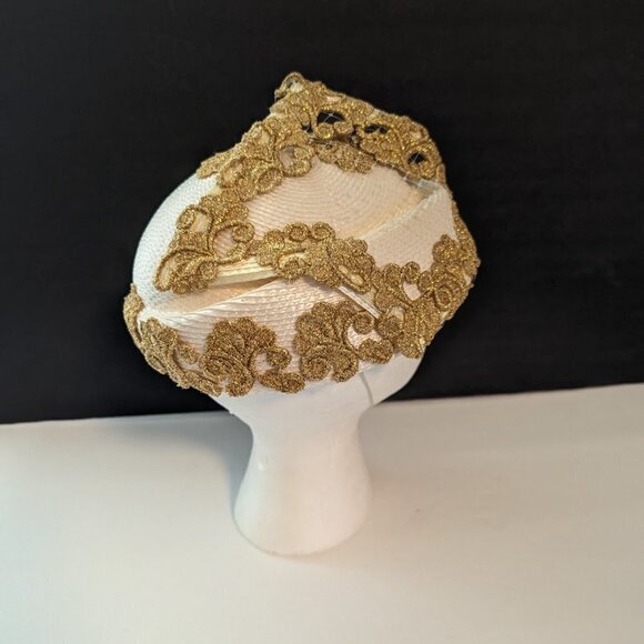 Vintage 50s 60s Round Gold Hat Madmen‎ Church Evening Cocktail Party Embellished main image 6